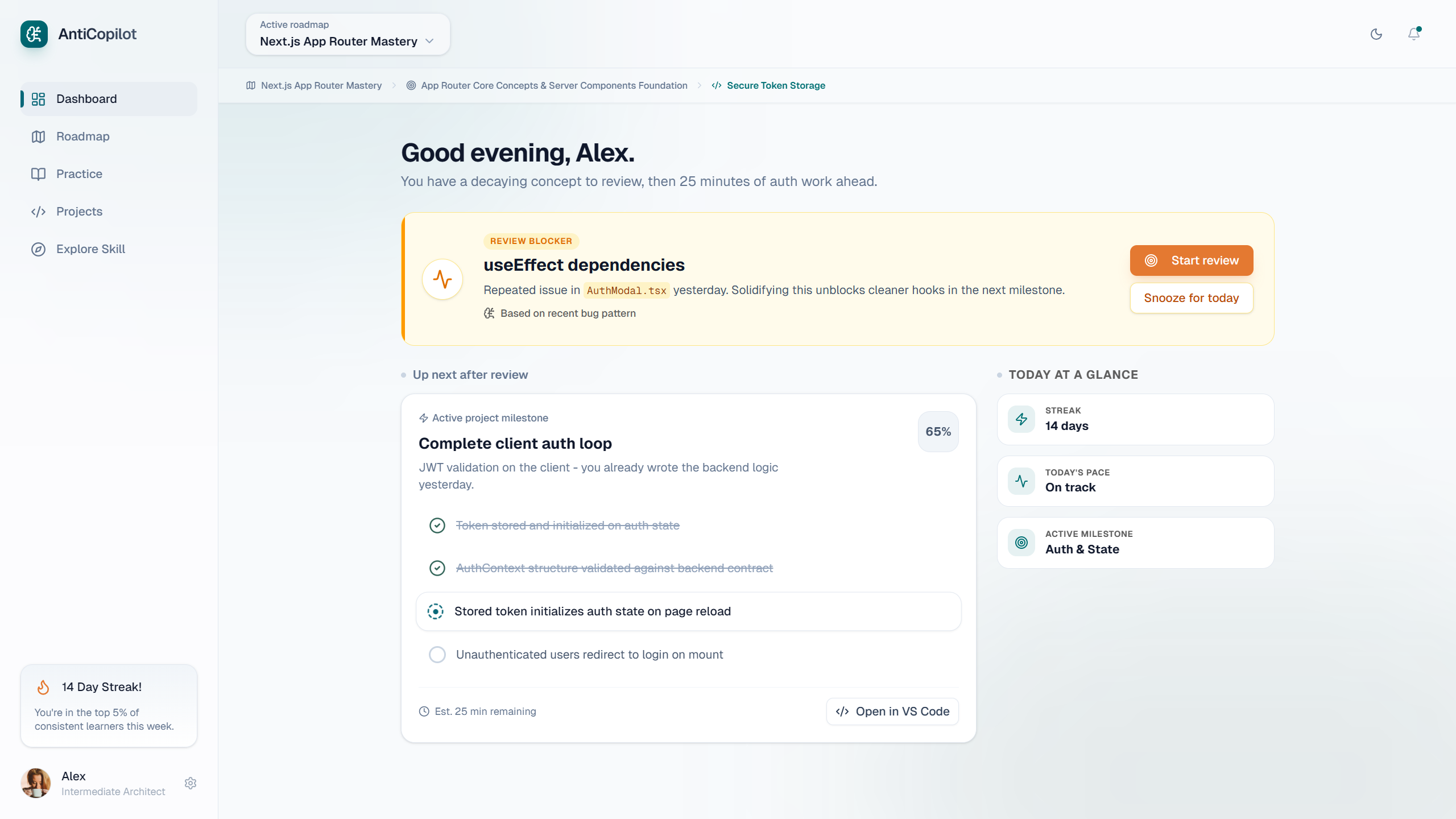 Dashboard — personalized greeting, concept review alerts, and current task progress