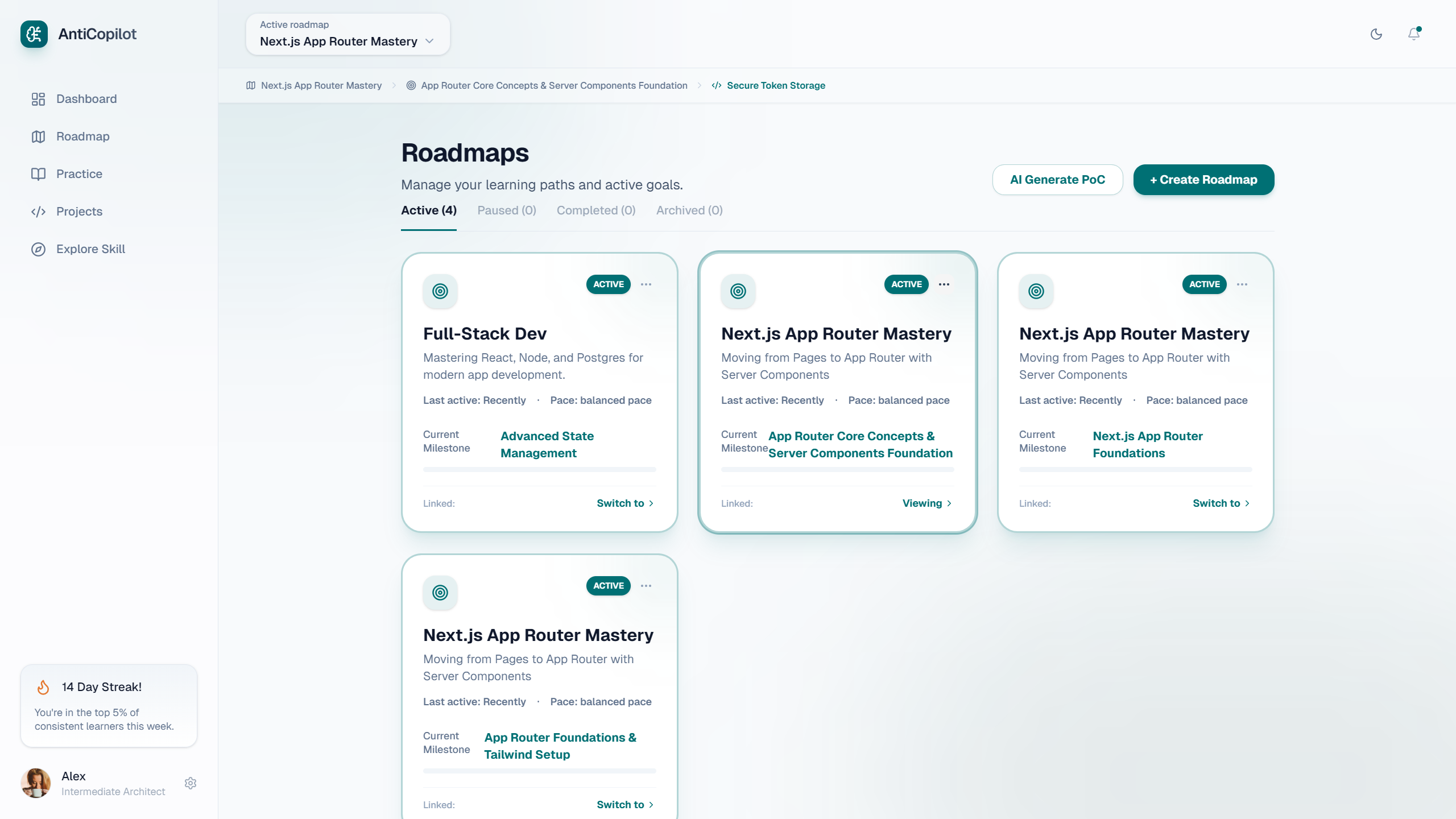 Roadmap Management — overview of all active learning paths