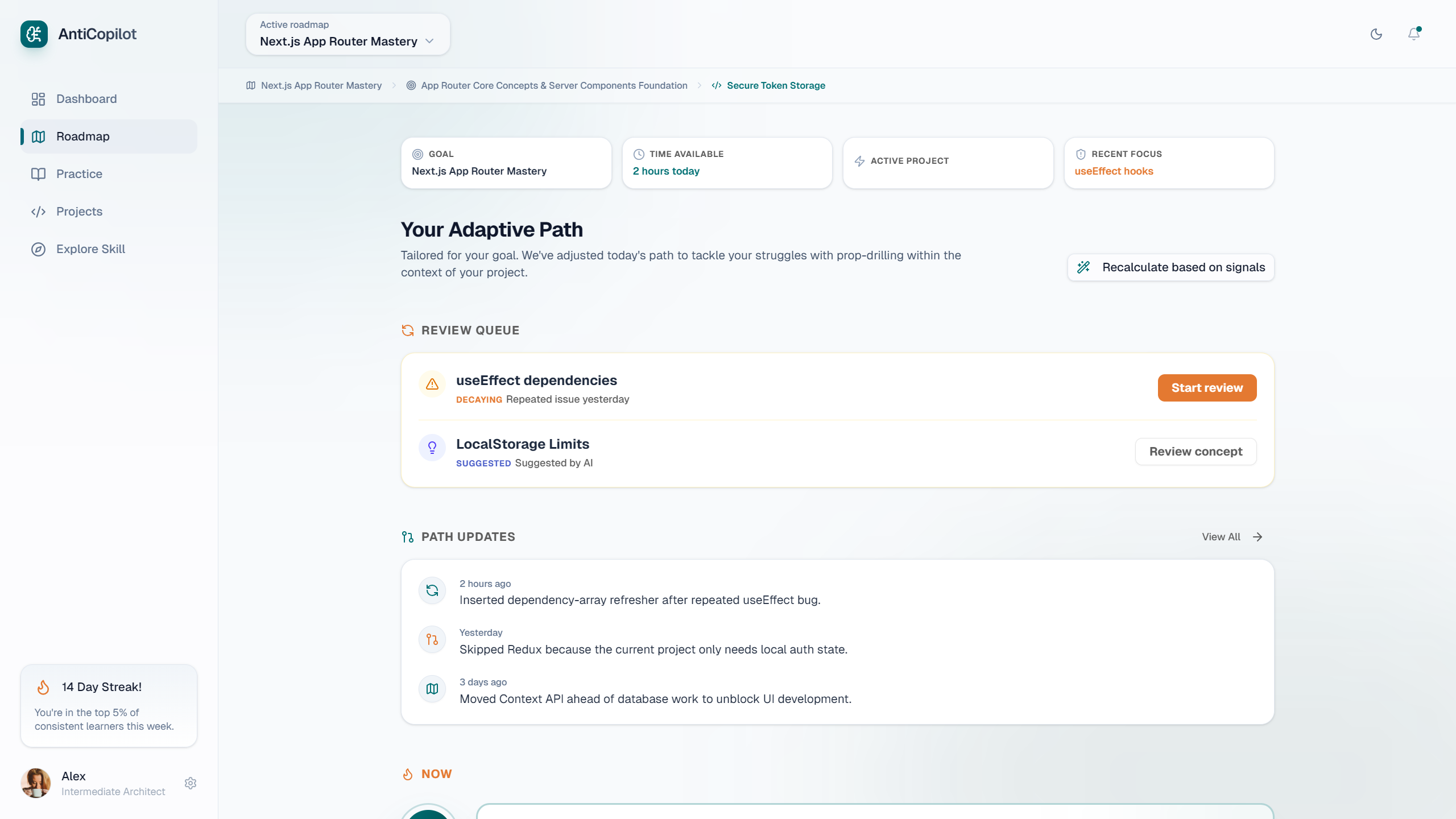 Roadmap — adaptive learning path with review queue and progress updates
