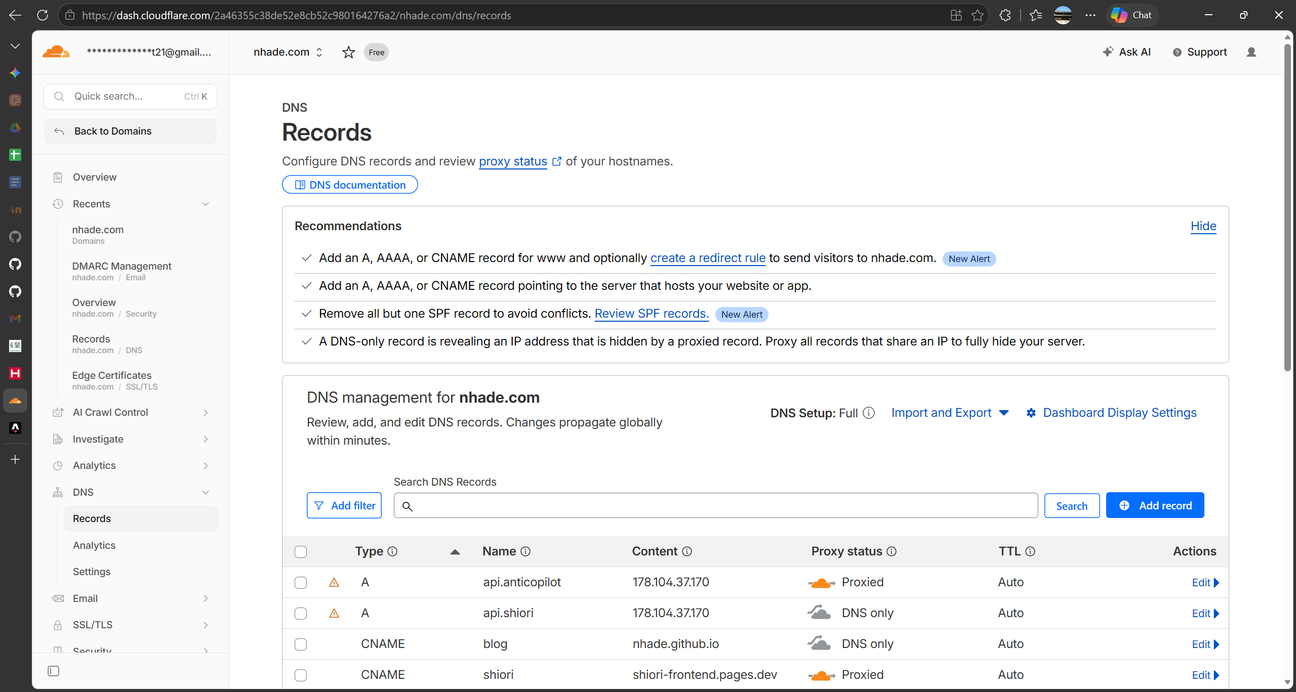 Cloudflare DNS records view for nhade.com: A record api.anticopilot proxied (orange cloud), A record api.shiori DNS-only (grey cloud), CNAME blog → nhade.github.io DNS-only, CNAME shiori → shiori-frontend.pages.dev proxied.